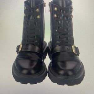 All Saints black leather  Combat Boots with Gold Buckles